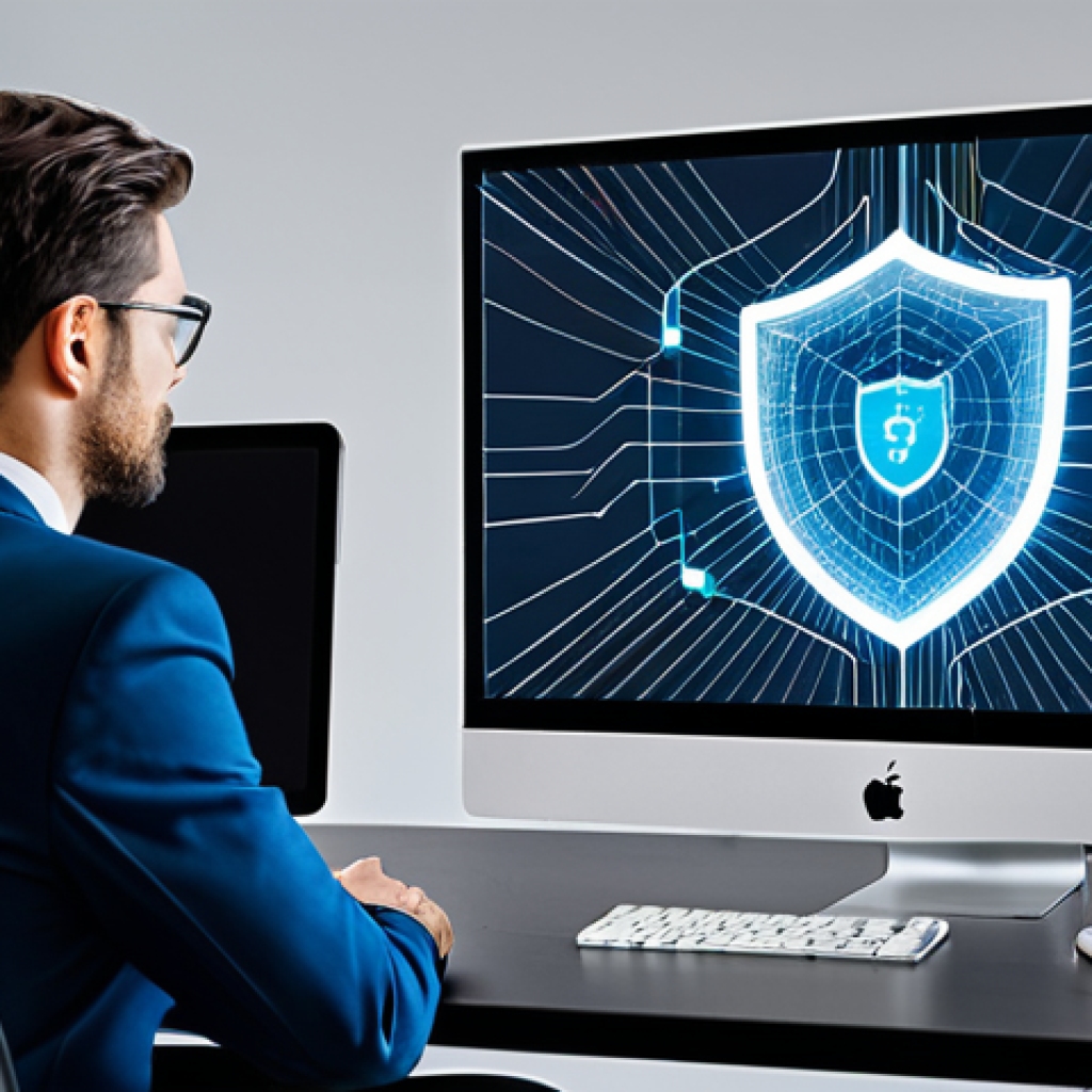 A professional individual, fully clothed in a modest business suit, is seated at a contemporary, sleek desk in a minimalist office. They are looking at and interacting with a transparent digital screen that displays abstract data streams and a prominent cybersecurity shield icon. The background features subtle, interconnected lines, symbolizing a secure network and data protection. The image has perfect anatomy, correct proportions, well-formed hands, and a natural pose. It is a high-resolution, professional photograph with sharp focus and vibrant, clean colors, suitable for corporate use. safe for work, appropriate content, fully clothed, professional.