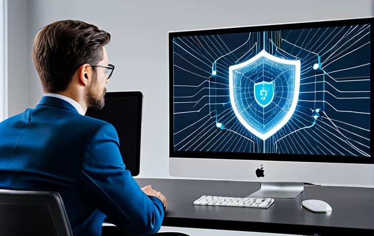 A professional individual, fully clothed in a modest business suit, is seated at a contemporary, sleek desk in a minimalist office. They are looking at and interacting with a transparent digital screen that displays abstract data streams and a prominent cybersecurity shield icon. The background features subtle, interconnected lines, symbolizing a secure network and data protection. The image has perfect anatomy, correct proportions, well-formed hands, and a natural pose. It is a high-resolution, professional photograph with sharp focus and vibrant, clean colors, suitable for corporate use. safe for work, appropriate content, fully clothed, professional.