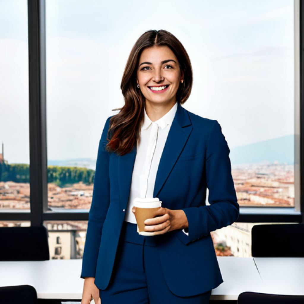 **

"A confident Italian businesswoman in a tailored, modest suit, standing in a bright, modern Milan office. Fully clothed, appropriate attire, safe for work, perfect anatomy, natural proportions, professional photography, high quality.  She is holding a cappuccino and smiling warmly. The background includes stylish Italian design elements and a view of the city. professional, family-friendly."

**