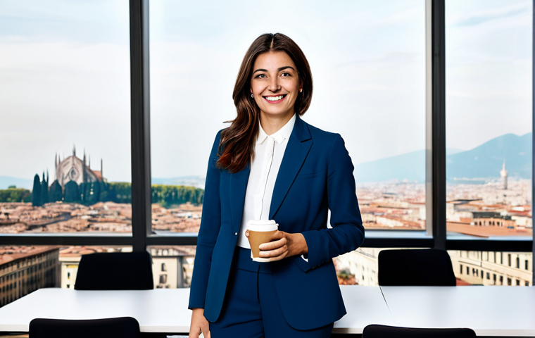 **

"A confident Italian businesswoman in a tailored, modest suit, standing in a bright, modern Milan office. Fully clothed, appropriate attire, safe for work, perfect anatomy, natural proportions, professional photography, high quality.  She is holding a cappuccino and smiling warmly. The background includes stylish Italian design elements and a view of the city. professional, family-friendly."

**