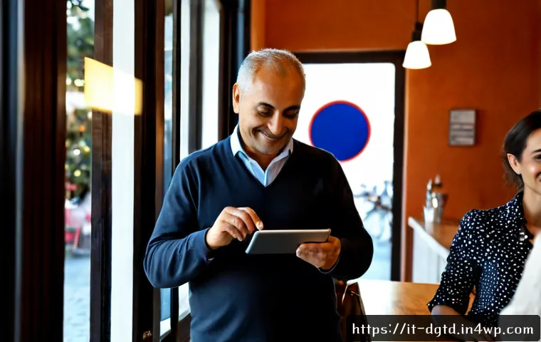 디지털 정체성 관리와 고객 신뢰 - Photorealistic modern Italian small-business setting, a friendly shop owner in a neat linen shirt us...