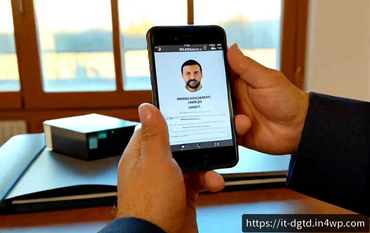 Home 17 디지털 정체성과 법적 책임 - Photorealistic Italian professional reviewing a secure digital identity app on a smartphone beside a...